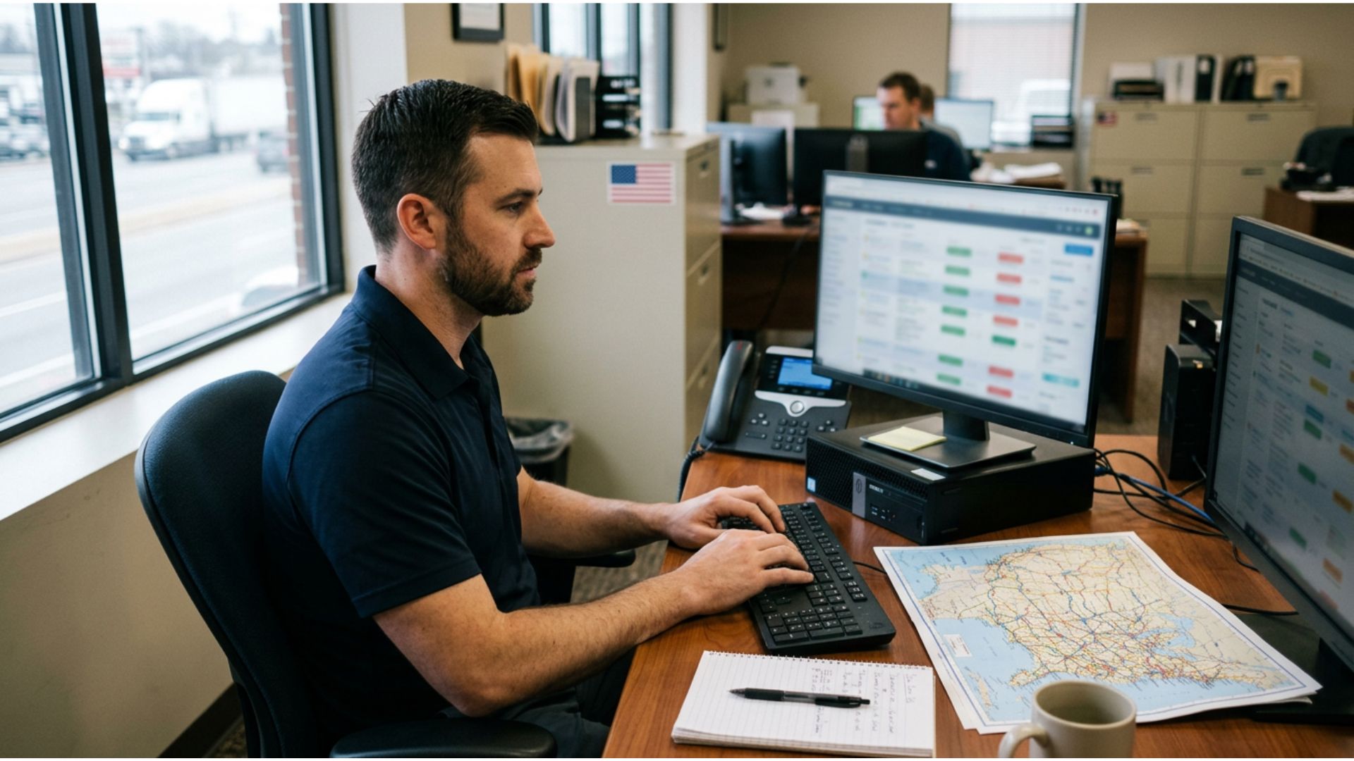 A truck dispatcher working at a desk with a load board and a map